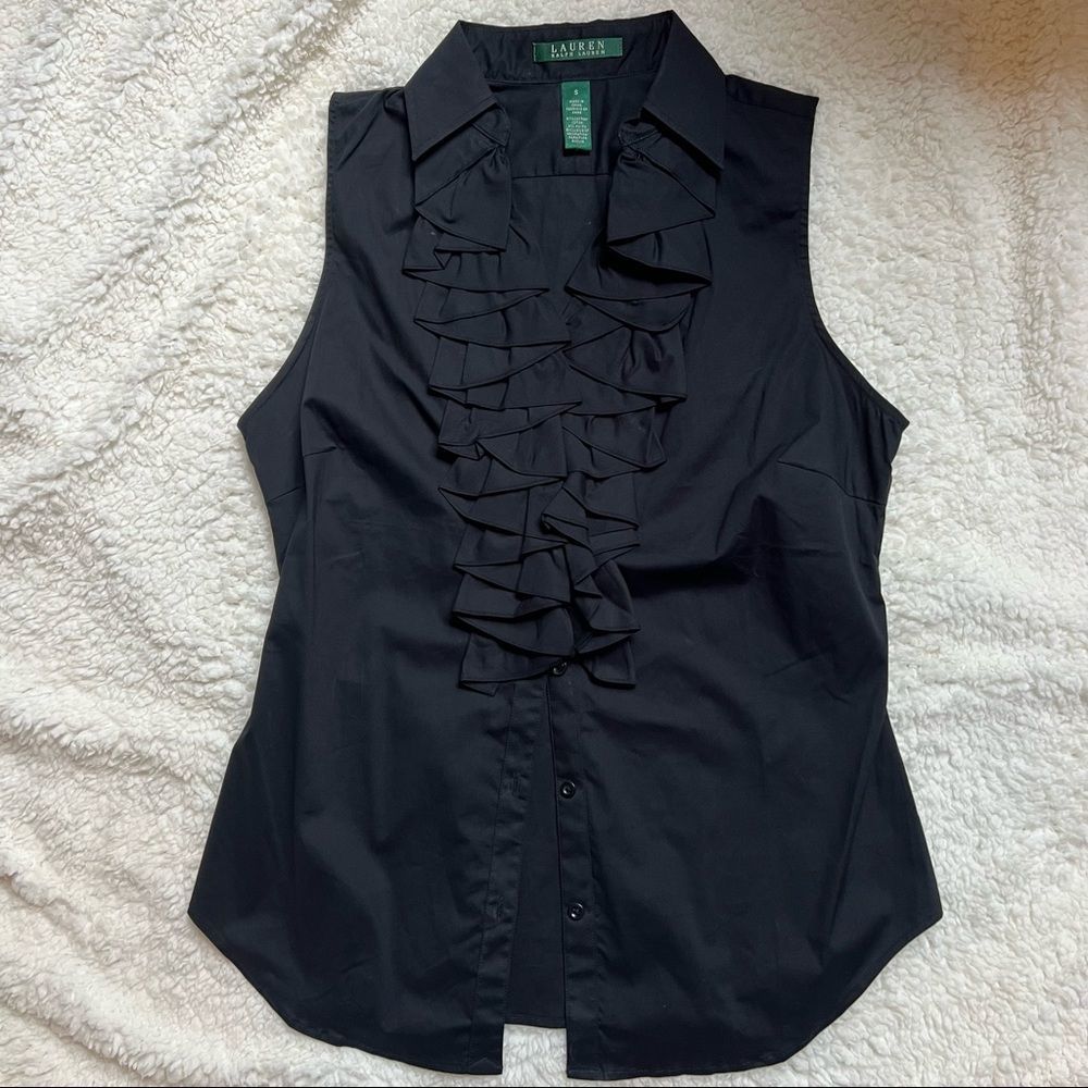 Ralph Lauren Ruffle sleeveless Black Top Size S Black. New